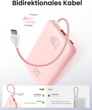 Повербанк VIYISI 10000mAh ультратонкий із вбудованим кабелем USB-C, рожевий