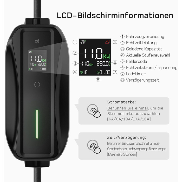 Мобільна зарядна станція для електромобілів Dé 11 кВт (3 фази, 7м, 6-16A) з регулюванням потужності, кабель CEE 16A на Typ 2, сумісна з Model Y/3, ID.3/4/5, MG4, EX30, e-up, e-tron, Zoe та іншими електромобілями