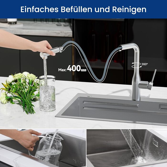 Змішувач для кухні CECIPA висувний, чорний, 360° поворотний, з витяжною лійкою, антивитік, легка установка, для мийки