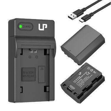 Зарядний пристрій LP NP-FZ100 з LCD-дисплеєм, Dual USB, сумісний з Sony A7iii, A7iv, A7C, A6700, A6600, ZV-E1, ZV-E10ii, FX3, FX30, A9, Alpha 9, Alpha 9S, A9S, A7R3 та A7R4 (2 батареї + AC зарядний пристрій)