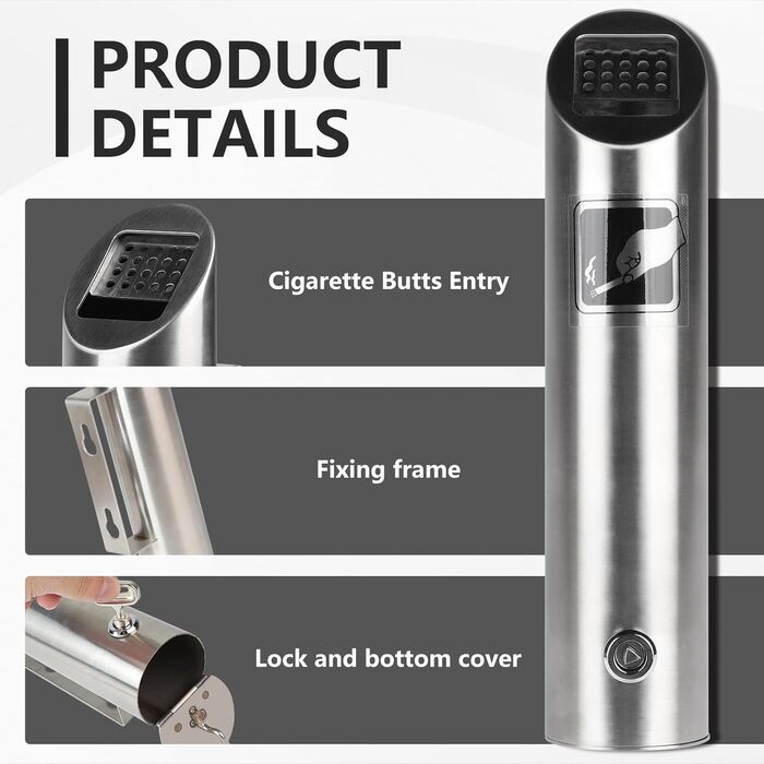 Настінний попільничка CPROSP з нержавіючої сталі, 28.5 x 6.5 см, з замком, для саду, двору, вілли, монтаж на стіну