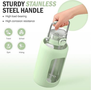 BLUEGO 2500ml Glass Drinking Bottle with Stainless Steel Handle, 2.5L Large Water Bottle with Time Markers and Silicone Sleeve, Half Gallon Water Jug, BPA-Free for Sports, Daily Use, Light Green