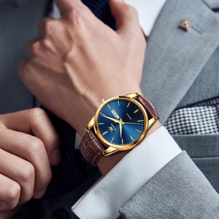 Чоловічий годинник OLEVS з нержавіючої сталі, кварцовий аналоговий годинник, класичний діловий годинник, водостійкий, з підсвічуванням, з датою, на шкіряному ремінці (C2-блакитний циферблат/коричневий ремінь)