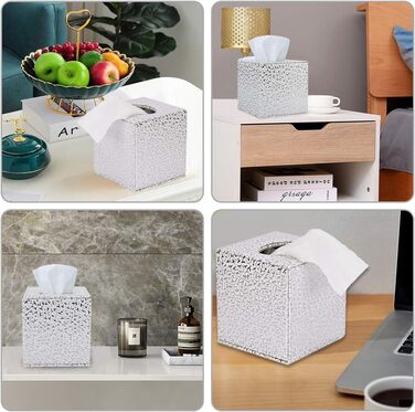 Disco Ball Tissue Box Cover, PU Leather, Cube-Shaped Tissue Holder, Square, Paper Holder, Napkin Dispenser for Home, Office, and Car (Silver Carving)