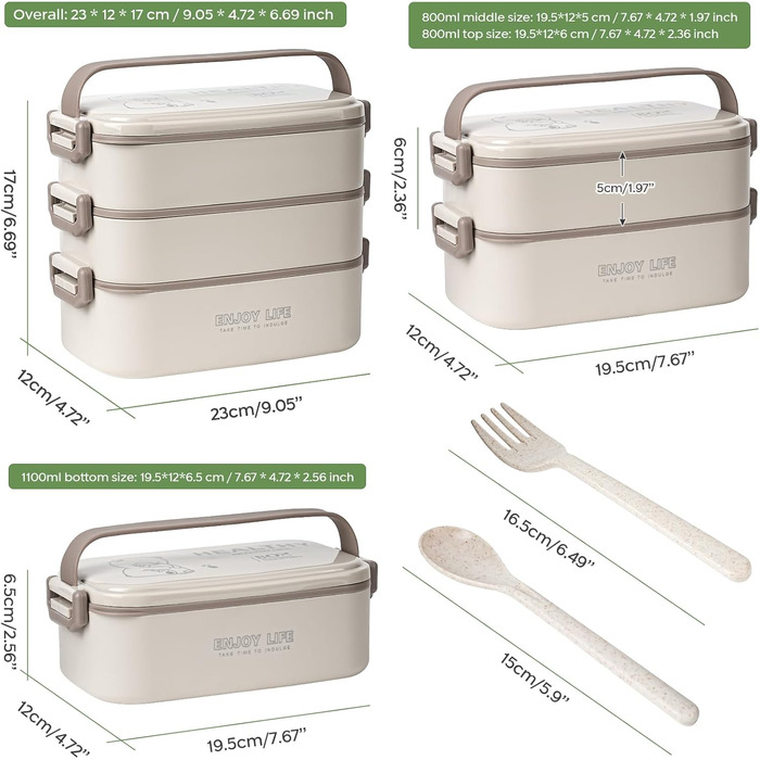 Бенто-бокс 2700 мл, 3-рівневий з виделкою та ложкою, 4-в-1 – контейнер для їжі, ланчбокс для чоловіків, жінок, студентів, мікрохвильовий та мийка в посудомийній машині (Хакі, Бежевий)