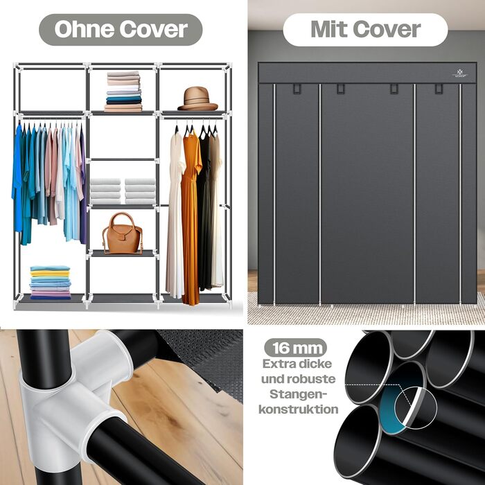 KESSER® Wardrobe Clothes Rack Stable with Clothes Rail & Shelves, Incl. 5x Clothes Hangers, Fabric Folding Wardrobe for Bedroom, Dressing Room Closet with Clothes Stand 150x45x175cm (Anthracite)