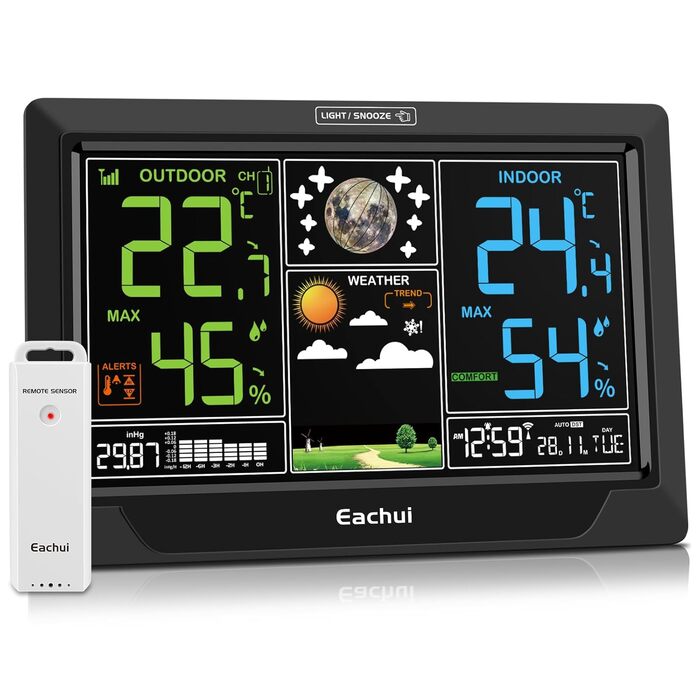 Eachui Weather Station Radio with Outdoor Sensor, Large Color Display, Radio Weather Station with Weather Forecast, DCF Radio Clock, Indoor and Outdoor Temperature and Humidity, Barometer, Battery Powered (Black)