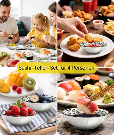 Набір для суші на 4 особи, 12 шт. з кераміки, круглий, з візерунком квітки сливи. Ідеальний подарунок на свята.