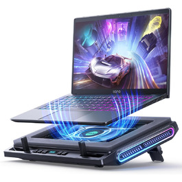 Підставка охолодження для ноутбука RGB з потужним вентилятором 4.72'', швидке охолодження для комп'ютерів 13-17,3'', керування клавішами, 3 регульовані підставки, 4-портовий USB C&A, чорний