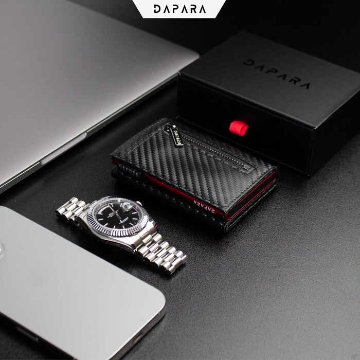 Чоловічий гаманець DAPARA: тонкий, з відділом для монет та RFID-захистом, вміщує 12 карт, карбоновий червоний колір