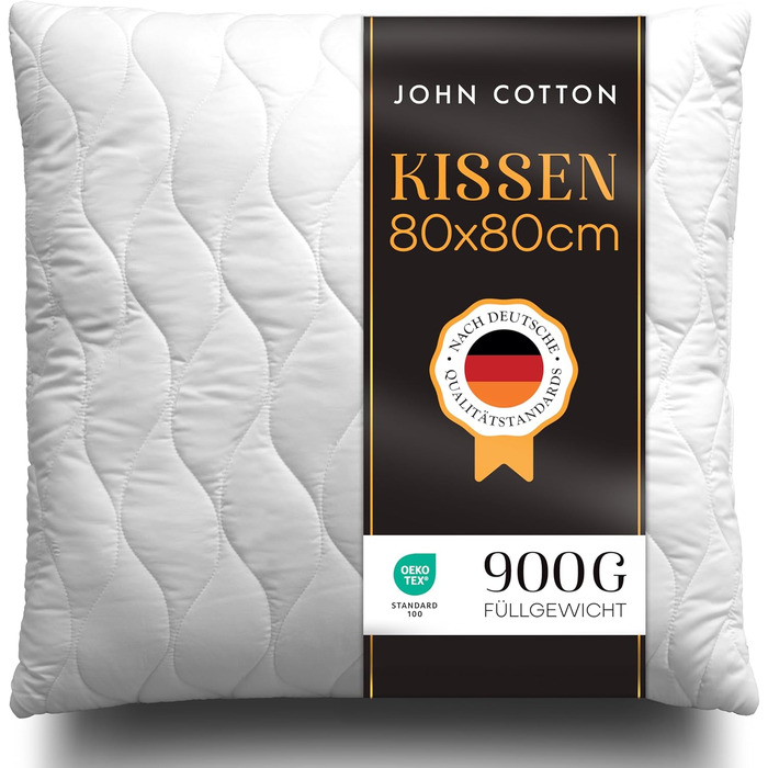 Подушка John Cotton 80x80 см – готельна люкс стьобана подушка для шиї, ортопедична, регульована, з блискавкою, 900 г наповнювача, антиалергенна, Oeko-TEX