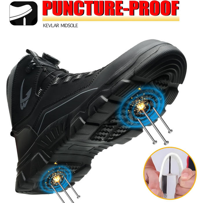 Черевики безпеки чоловічі та жіночі. Водонепроникні робочі черевики. Легкі, неслизькі, з поворотним затвором, зі сталевим підноском (38 EU, C26, чорний)