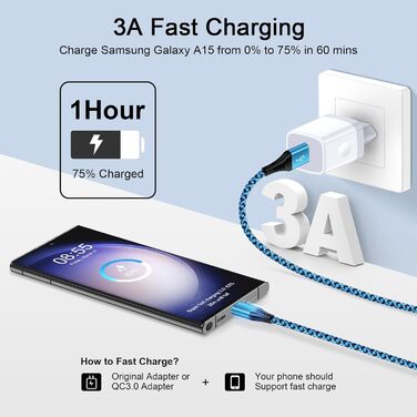 Кабель USB Type-C, 3 шт. [3м+2м+1м] для Samsung, Huawei, Xiaomi. Швидка зарядка, передача даних, нейлон.