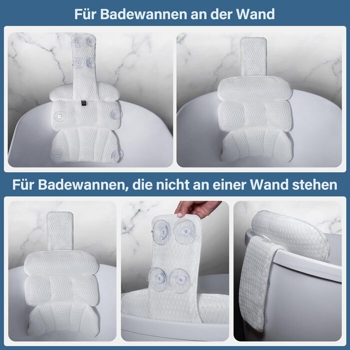 CZL Bathtub Pillow - Neck Pillow for Bathtub with 8 Suction Cups - 3-Piece Neck Pillow - Bathtub Accessories - Bath Pillow - Bathtub Cushion - Bathtub Pillow for Bathtub - White
