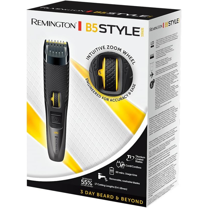 Триммер для бороди Remington MB5000 Black: професійний набір з керамічними лезами (0.4-18 мм), 9 налаштувань довжини, акумулятор/мережа, LED-індикатор