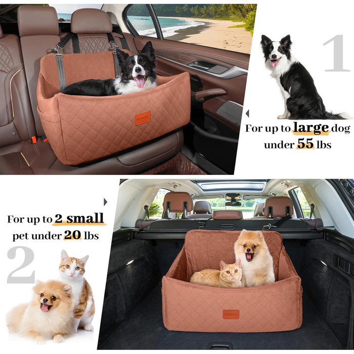 Wooaidagg Large Dog Car Seat - Memory Foam Bed for Medium & Large Dogs, Washable & Detachable, Includes 2 Leashes (Brown)