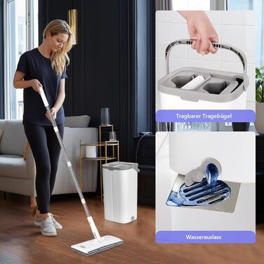 Набір для миття підлоги Masthome з відром: плоский моп, 3 мікрофібрових насадки, відро з нержавіючою сталею, моп з функцією віджиму, для прибирання підлоги (фіолетовий)