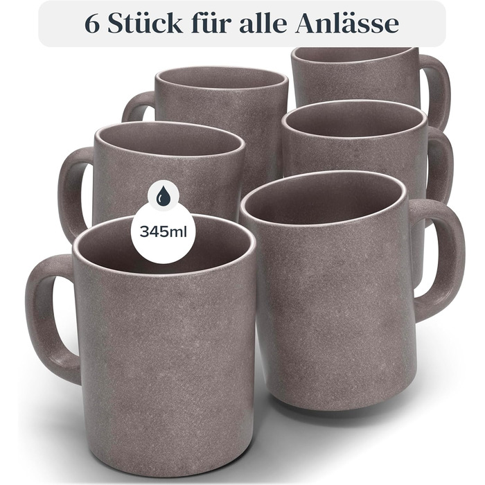 Stoneware Coffee Cups, 6 Person. High-Quality Urban Style TEST VERY GOOD Cup Set, Dishwasher, Microwave and Scratch-Resistant. Stylish Tea and Coffee Cup Set - Pure Living in matte Grey-Brown