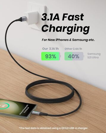 Кабель USB-C на USB-C, 3.1A, 0.3м, з LED-підсвіткою, нейлон, чорний - для iPhone, Samsung, Google Pixel