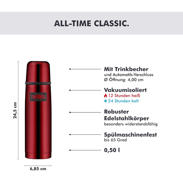 Термос Thermos Light & Compact 500 мл, нержавіюча сталь, для гарячих та холодних напоїв, з чашкою, колір Cranberry Red Polished