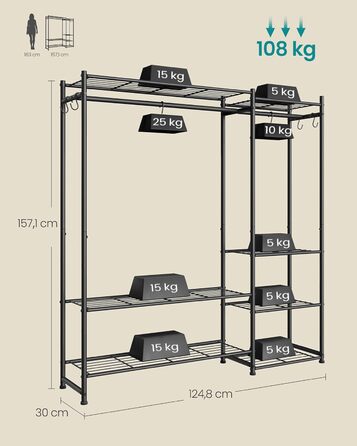 SONGMICS Стійка для одягу, відкритий шафа, вішалка для одягу з 10 полицями, 3 перекладинами, 4 гачками, металевий каркас, для спальні, вітальні, передпокою, чорний LGR011BZ01 (124,8B см)