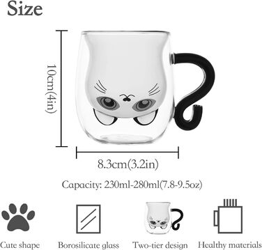 Set of 2 cute cat mugs, cute cat teacup, 250ml double-walled glass, cat mugs with handle, beer mugs, cute birthday gifts for women and men (pack of 2, black+white)