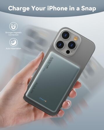 Powerbank Kuulaa Magsafe 5000mAh PD 20W, Slim, 8mm, Бездротовий, для iPhone 15/14/13/12, Темно-сірий