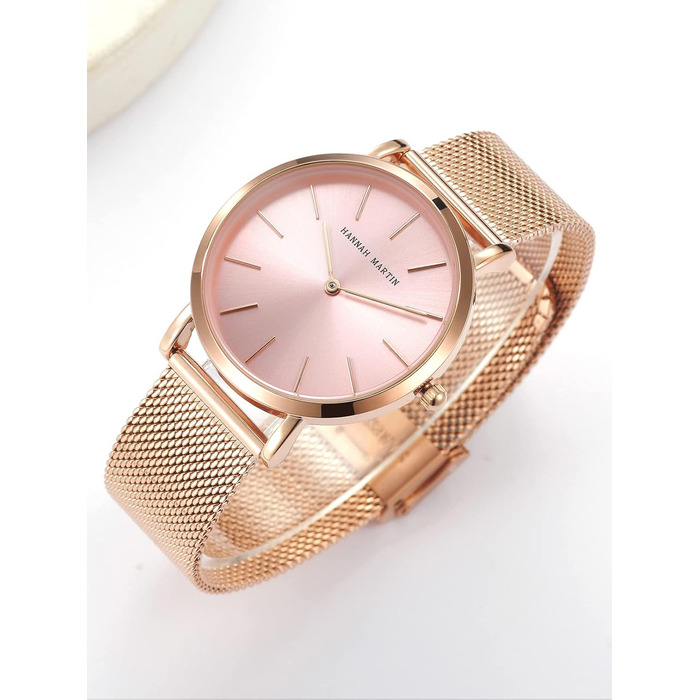 Годинник жіночий Hannah Martin кварцовий аналоговий з нержавіючої сталі, водонепроникний, ультратонкий (рожеве покриття, браслет рожевого золота)