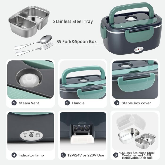 Electric Lunch Box 100W, 3-in-1 Portable Heated Lunch Box, 1.5L Stainless Steel Removable Food Container, 12V/24V/220V Insulated Food Warmer Box for Car/Truck/Office (Blue & Green, 1.5 L)