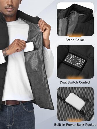 Обогріваючий жилет, жилет з підігрівом для жінок та чоловіків, тепла куртка з акумулятором, куртка з підігрівом з Powerbank, 7.4V/5.0V куртка з 3 рівнями налаштування температури, 6 зон обігріву, теплий жилет, зимова куртка, водонепроникний одяг з акумулятором, чорний - 10000mAh 5V Powerbank