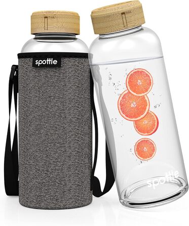 Glass Bottle 1.5 liter - Drinking Bottle Glass 1.5 l with Bamboo Lid - Glass bottle - Water bottle - Glass drinking bottle suitable for carbonated drinks - dishwasher safe - Wide mouth (Black Melange)