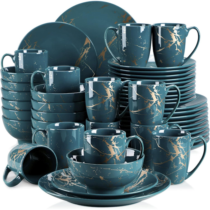LOVECASA Набір посуду з порцеляни Sweet 16, 48-елементний сервіз, посуд для їжі з золотим декором, для 4-12 осіб, бірюзовий колір