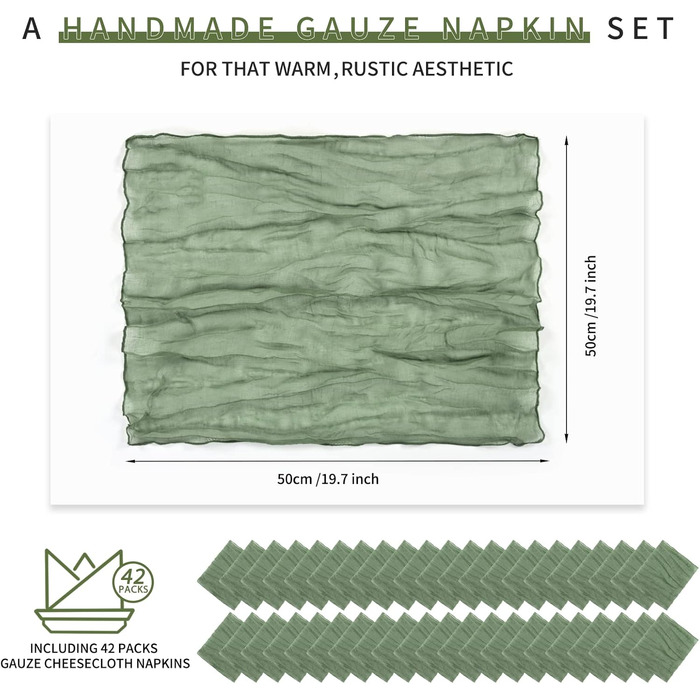 Set of 40 Gauze Cloth Napkins, Crinkled Dinner Napkins, Salvia Green, Rustic Boho Napkins, Soft Cotton, Table Napkins, Decorative Fabric Napkins for Wedding, Party