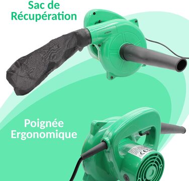 Fishtec - Mini Leaf Blower Electric - Reversible to Vacuum with Collection Bag - Cable Length 180 cm - 500 W - 40 cm - Green - Compact, Practical and Lightweight - Garden