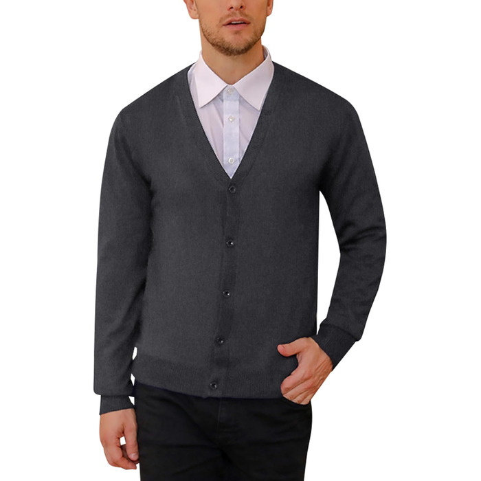 iClosa Кардиган чоловічий з V-подібним вирізом, легкий, в'язаний, з ґудзиками, темно-сірий, розмір L