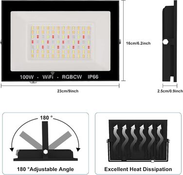 LED Floodlights Outdoor, 100W Smart RGB Floodlights with Remote Control and Bluetooth App, LED Floodlight Spotlights Color Changing Projector, IP66 Waterproof Floodlight for Gardens, Courtyards (2 Pack) (100w-rgb-app-4p)