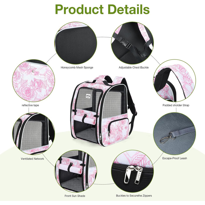 Рюкзак для кота Lekebobor, розкладний, переноска для тварин, для маленьких собак та середніх котів до 8 кг, для подорожей та піших прогулянок, у смугастий колір, 12.6'L x 11.2'W x 16.5'H - L, рожевий з квітковим малюнком
