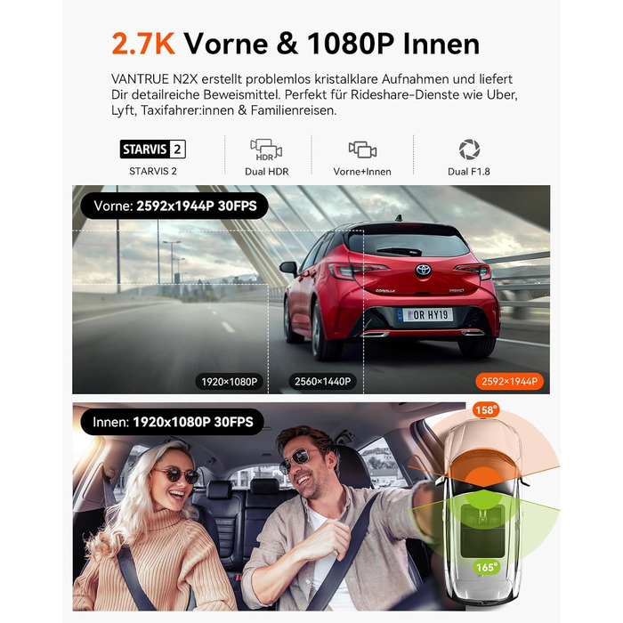 Автомобільний відеореєстратор VANTRUE N2X 2.7K+1080P, подвійна камера, HDR нічне бачення, GPS, Wi-Fi 5ГГц, додаток, голосове керування, 2'' екран, 24/7 паркувальний режим, G-сенсор, до 1ТБ