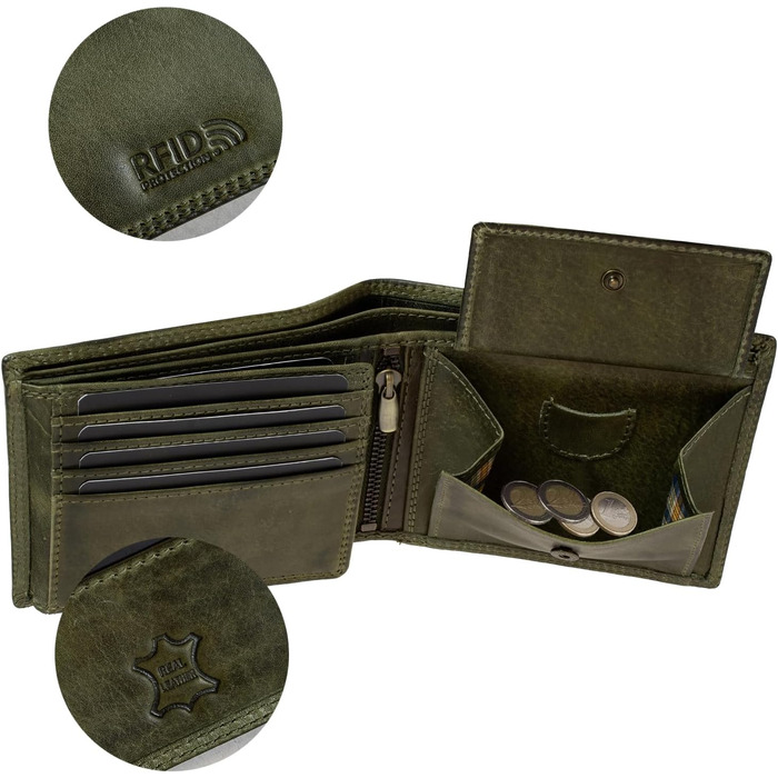 Чоловічий гаманець Volmer Leder з RFID-захистом, міцний, зелений (8+3 картки)