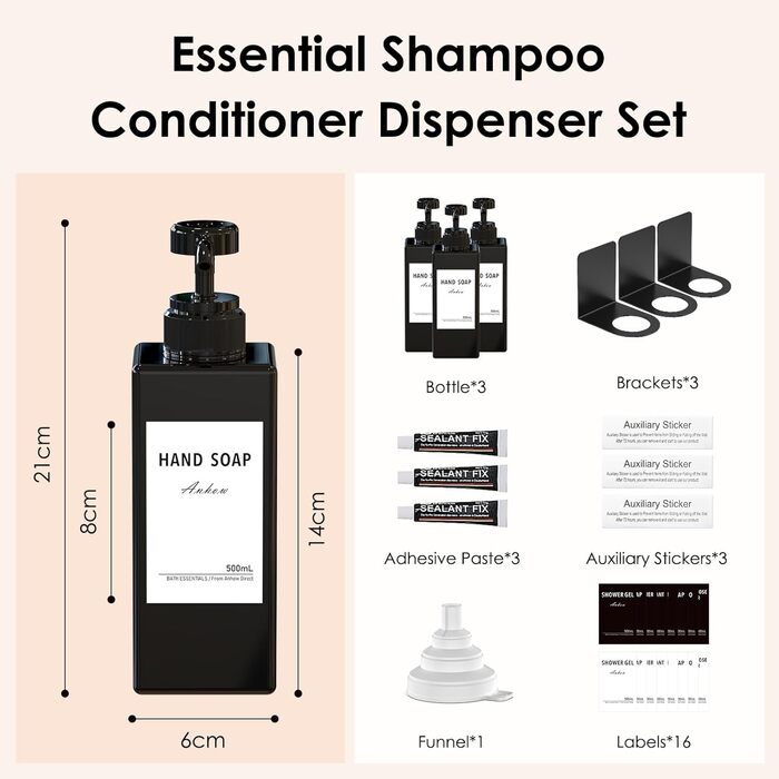Настінний диспенсер для мила Anhow 3er PETG, 500 мл, чорний, без свердління, з 16 вологостійкими етикетками для кухні/ванної кімнати