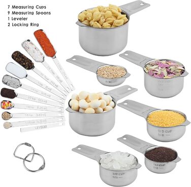 Generic stainless steel measuring cups and spoons, 18/8 (304), silver, 17-piece set, 240 ml, including 7 measuring cups and 9 spoons, plus a leveler and rings.