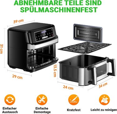 Фритюрниця повітряна подвійна 12л з 8 програмами та рецептами | Регулювання температури до 200°C, срібна