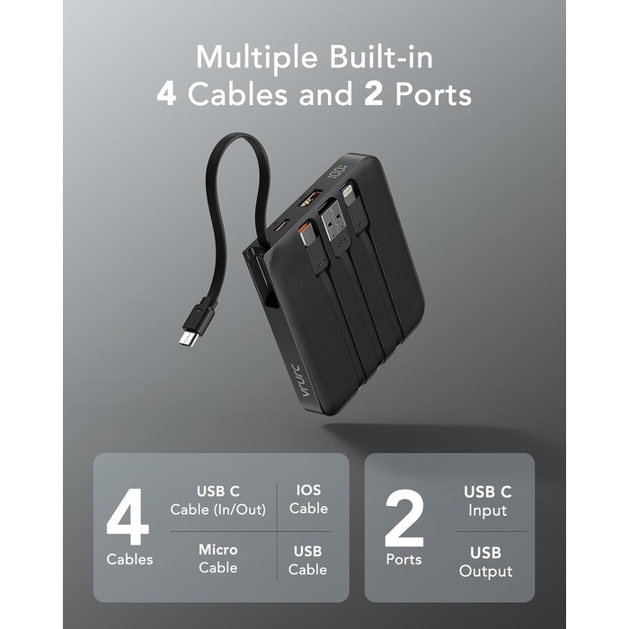 Power Bank VRURC 10000mAh з кабелем: компактний павербанк USB-C, швидка зарядка 22.5W, LED-дисплей, сумісний з iPhone, Huawei (зелений, чорний)