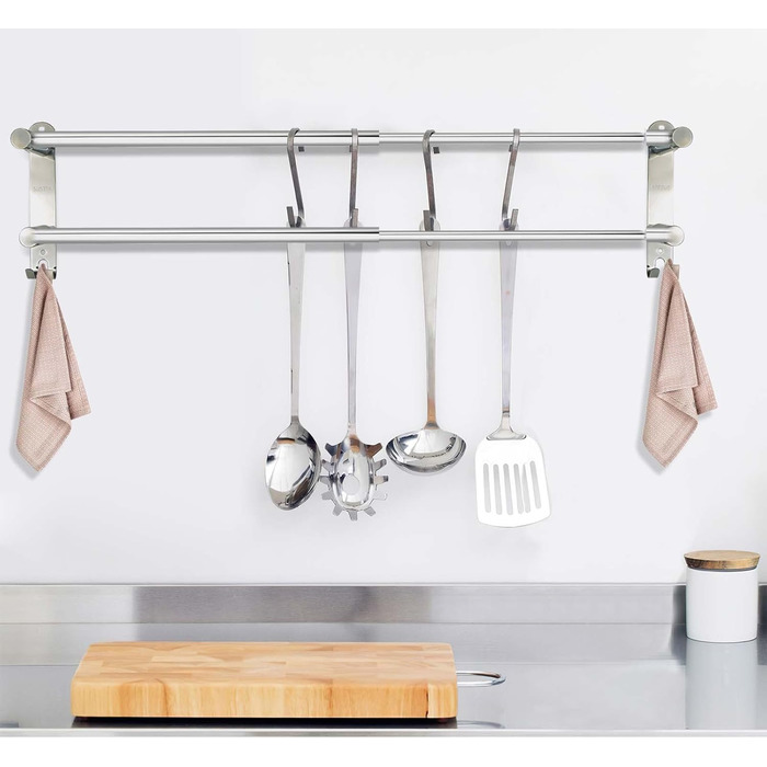 Тримач для рушників настінний з нержавіючої сталі, глянсовий, висувний, 2 стійки, 43-75 см з гачками, для ванної кімнати, монтаж на свердла або на клей - 2 способи встановлення, підходить для ванної та кухні