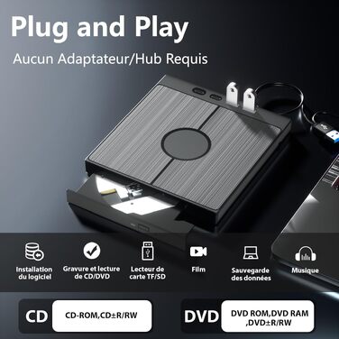 Зовнішній CD/DVD-привід для ПК USB 3.0 Type-C з 4 USB-портами та картридером SD/TF, тонкий багатофункціональний DVD-RW накопичувач для Windows 11/10/8/7/XP