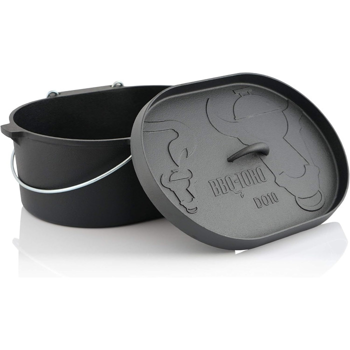 Чавунний казан BBQ-Toro Dutch Oven 9,3 л з кришкою, попередньо прожарений, без ніжок, чорний — каструля для запікання, тушкування, кухонний посуд