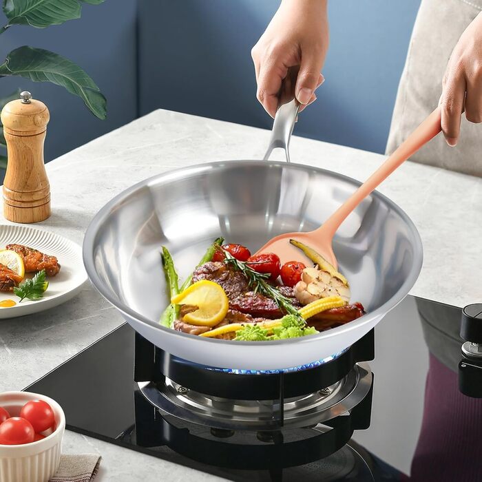 Пательня нержавіюча сталь 28 см, індукційна, довговічна, з ручками з нержавіючої сталі, легке очищення для всіх плит