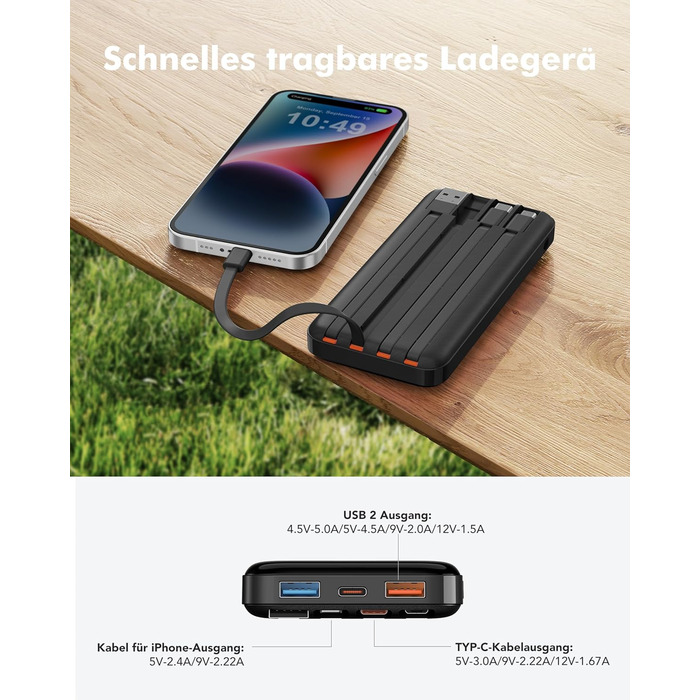 Power Bank Charmast 20000mAh з LED-дисплеєм та 4 кабелями (USB C, PD3.0, QC4.0) – чорний