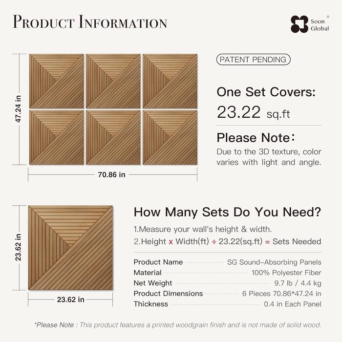 Акустичні настінні панелі Soon Global для звукопоглинання, декоративні панелі Arcadian Vortex, 121,9 x 81,3 см, колір Блакитно-зелений Аура