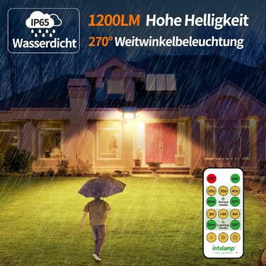 INTELAMP Solar Lights for Outdoors with Motion Sensor, 6000 mAh Solar with Remote Control, 1200LM, 270° Wide-Angle Solar Lights, IP65 Waterproof for Porch and Garage (1 Piece - Warm Light)